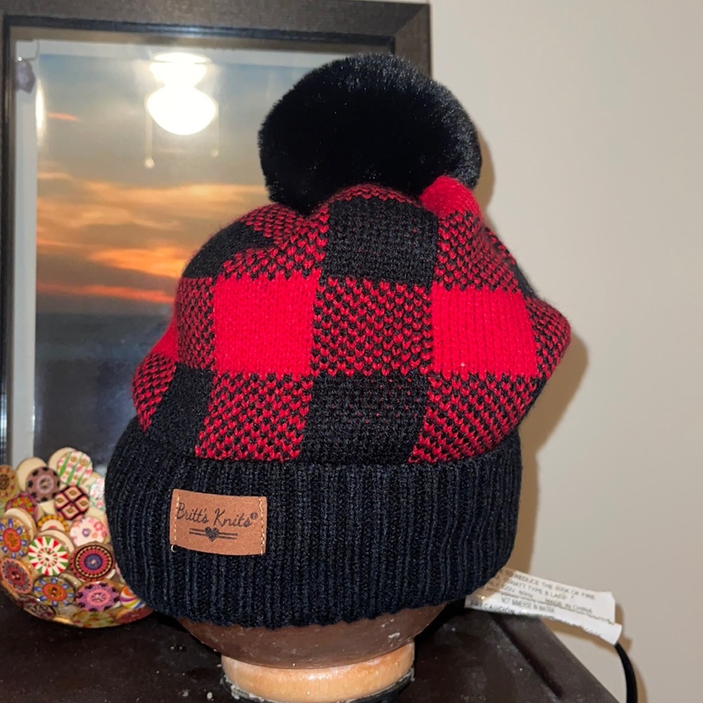 Sherpa lined buffalo plaid beanie hat